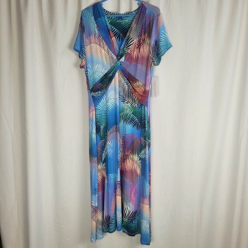 Soft Surroundings Anya Maxi Dress Womens Large Tropical Palm Leaf Print  Stretch